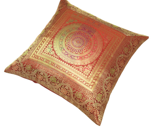 Red 16x16 Inch Indian Woven Zari Brocade Banarasi Silk Mandala Cushion Covers