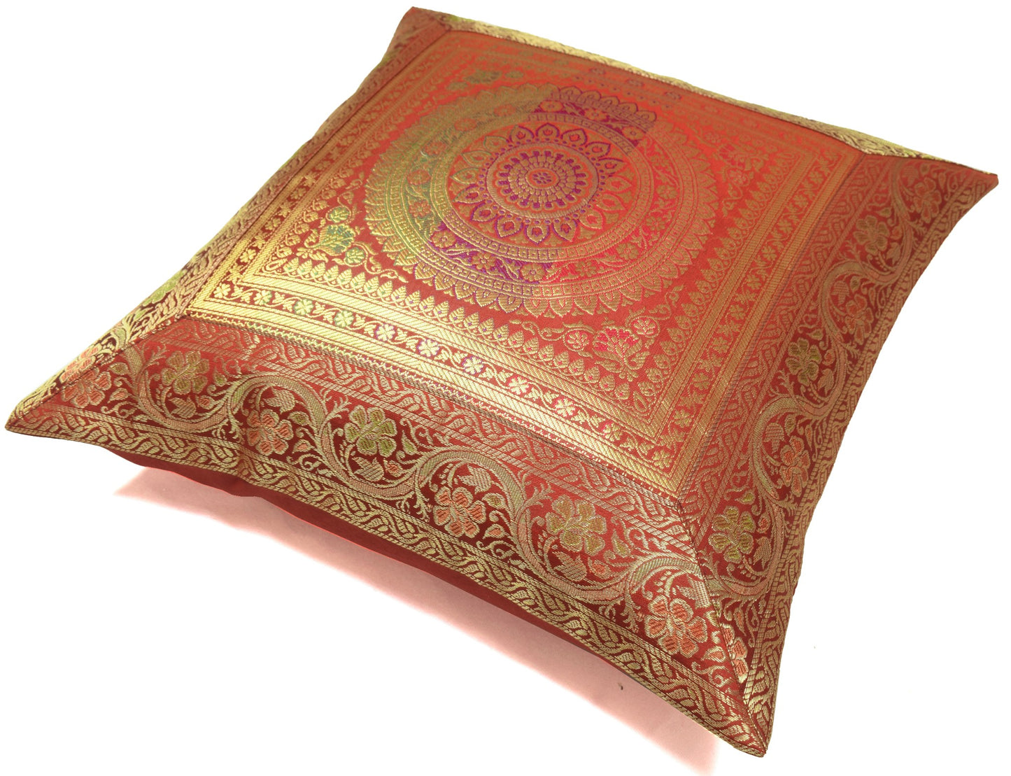 Red 16x16 Inch Indian Woven Zari Brocade Banarasi Silk Mandala Cushion Covers