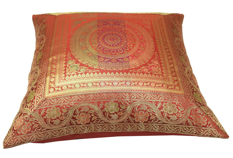 Red 16x16 Inch Indian Woven Zari Brocade Banarasi Silk Mandala Cushion Covers