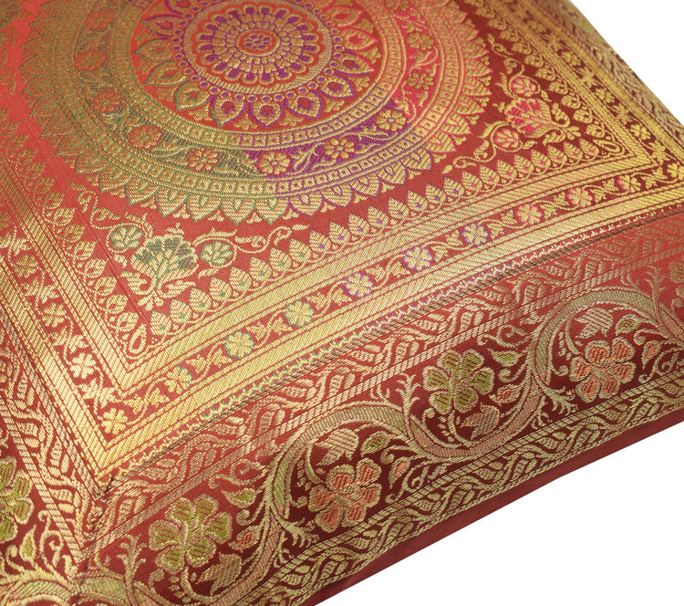 Red 16x16 Inch Indian Woven Zari Brocade Banarasi Silk Mandala Cushion Covers