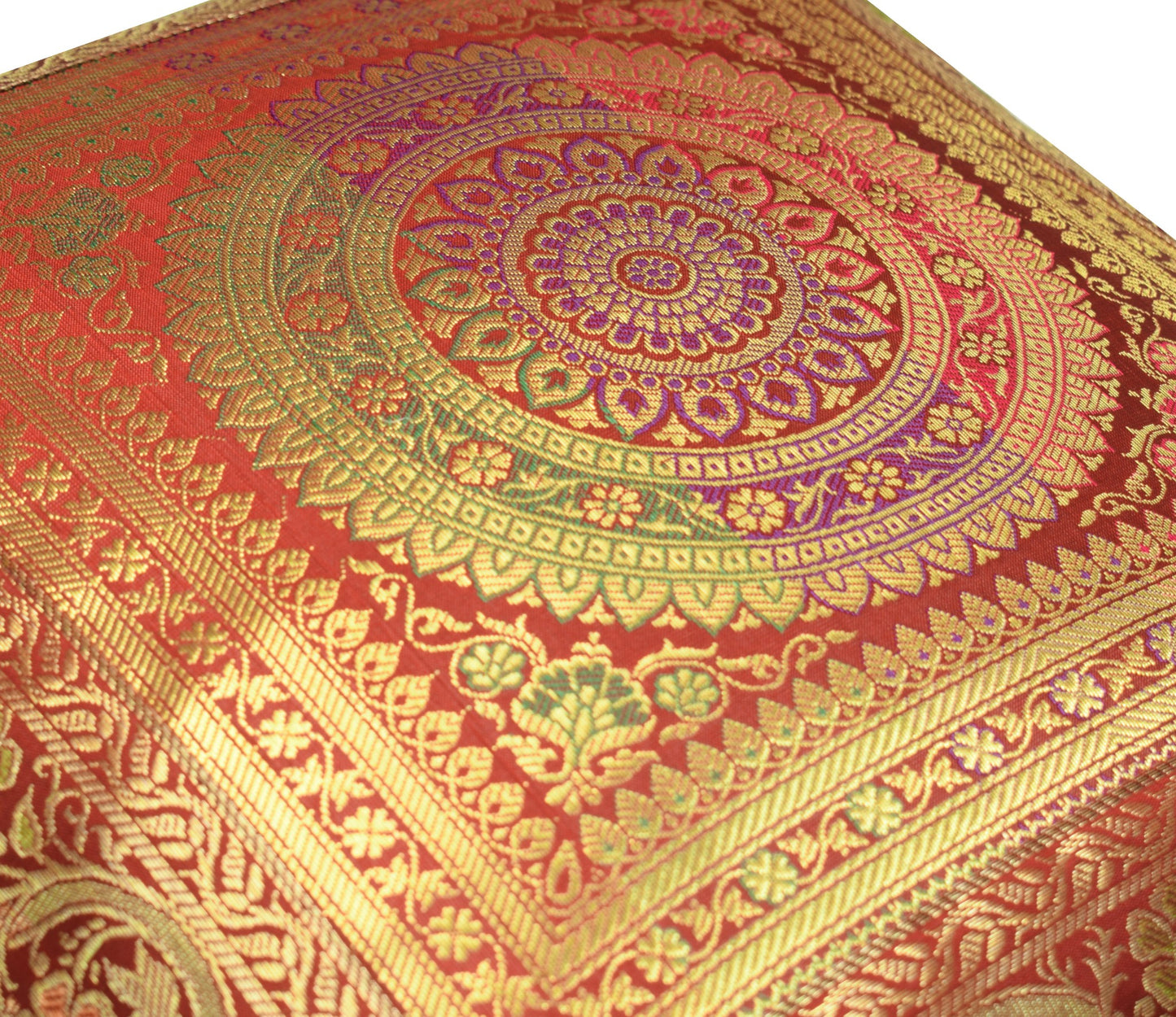 Red 16x16 Inch Indian Woven Zari Brocade Banarasi Silk Mandala Cushion Covers
