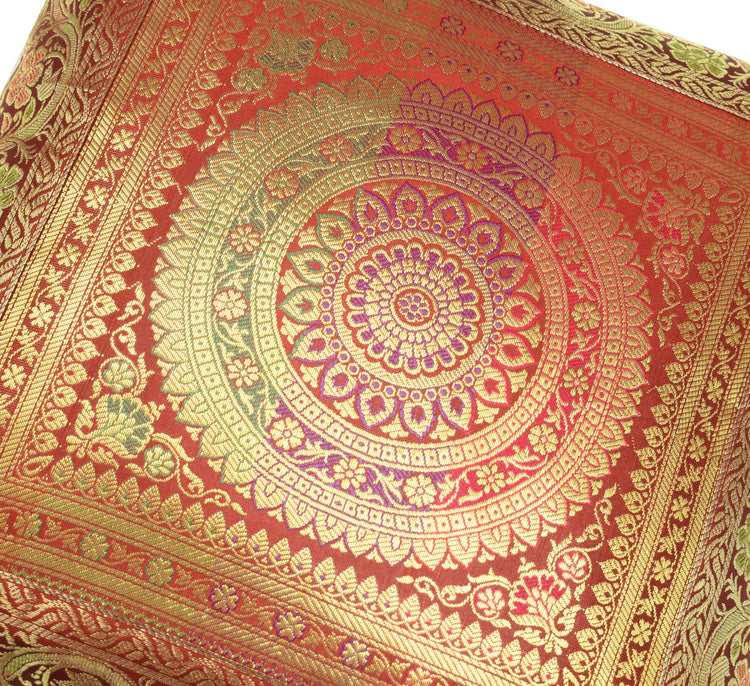 Red 16x16 Inch Indian Woven Zari Brocade Banarasi Silk Mandala Cushion Covers