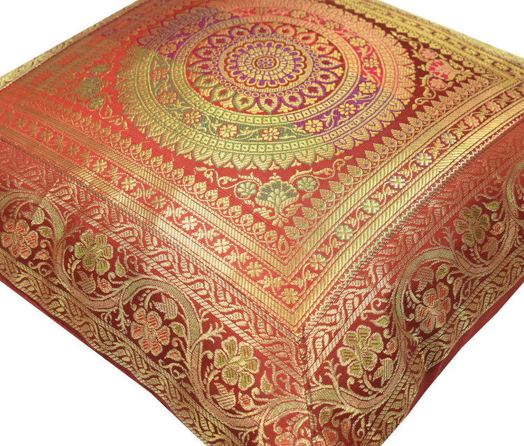 Red 16x16 Inch Indian Woven Zari Brocade Banarasi Silk Mandala Cushion Covers