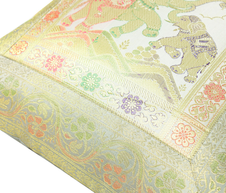 Elegant Gray Banarasi Silk Cushion Cover (16x16) Zari Brocade Elephant Motifs