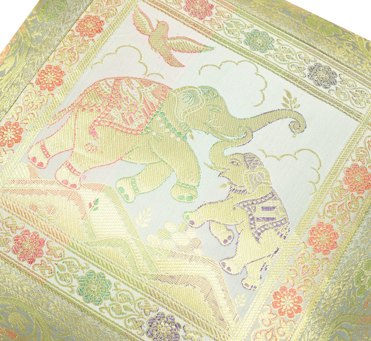 Elegant Gray Banarasi Silk Cushion Cover (16x16) Zari Brocade Elephant Motifs
