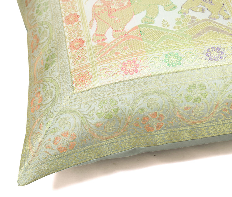 Elegant Gray Banarasi Silk Cushion Cover (16x16) Zari Brocade Elephant Motifs