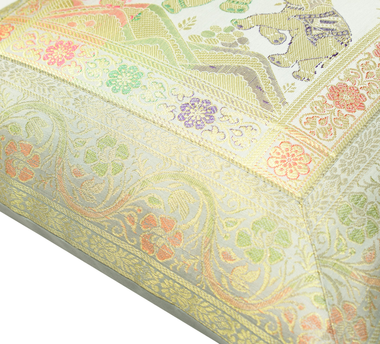 Elegant Gray Banarasi Silk Cushion Cover (16x16) Zari Brocade Elephant Motifs