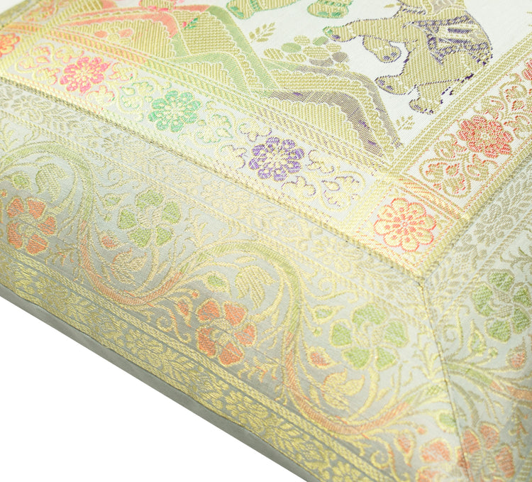 Elegant Gray Banarasi Silk Cushion Cover (16x16) Zari Brocade Elephant Motifs