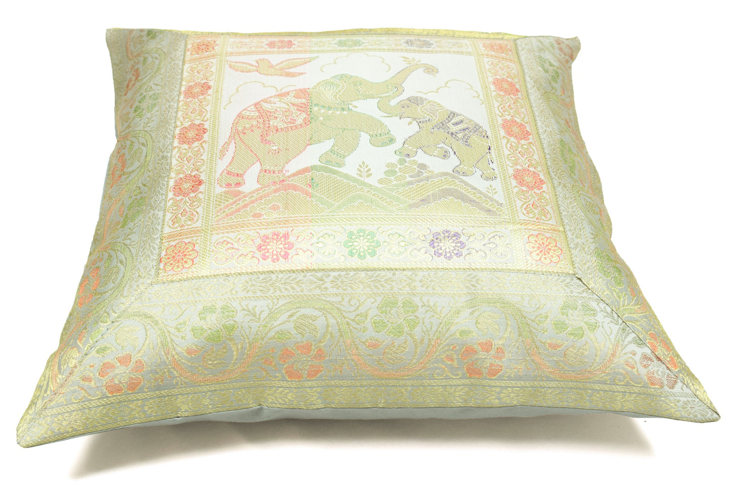 Elegant Gray Banarasi Silk Cushion Cover (16x16) Zari Brocade Elephant Motifs