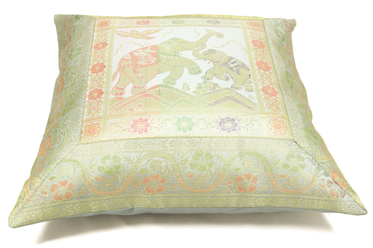 Elegant Gray Banarasi Silk Cushion Cover (16x16) Zari Brocade Elephant Motifs