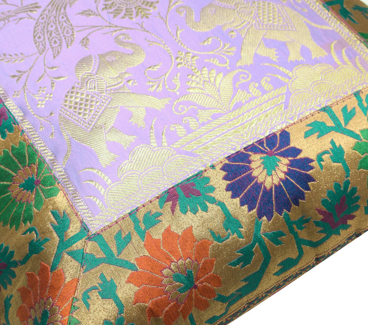 16x16" Cushion Covers Zari Brocade Banarasi Silk Elephant & Pocock Lavender