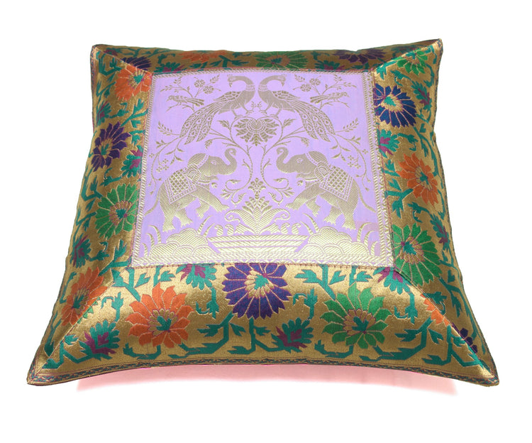16x16" Cushion Covers Zari Brocade Banarasi Silk Elephant & Pocock Lavender