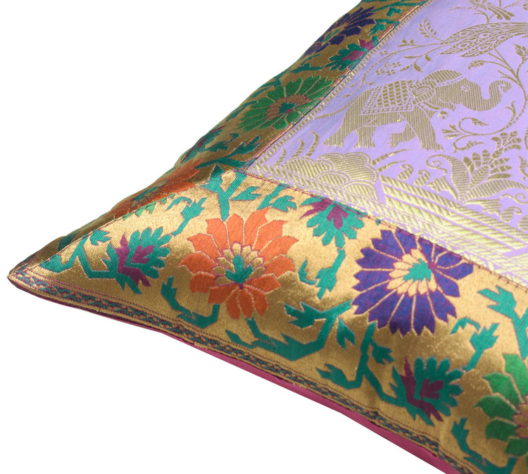 16x16" Cushion Covers Zari Brocade Banarasi Silk Elephant & Pocock Lavender