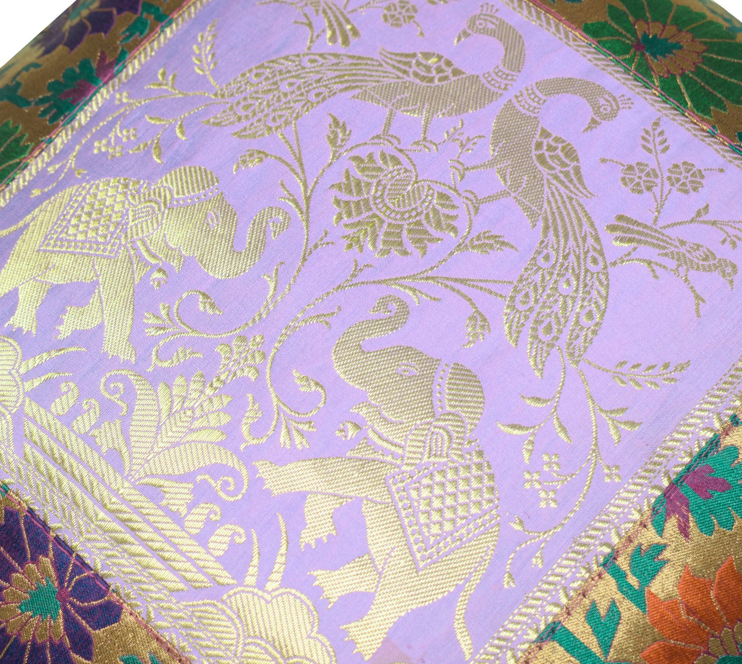 16x16" Cushion Covers Zari Brocade Banarasi Silk Elephant & Pocock Lavender