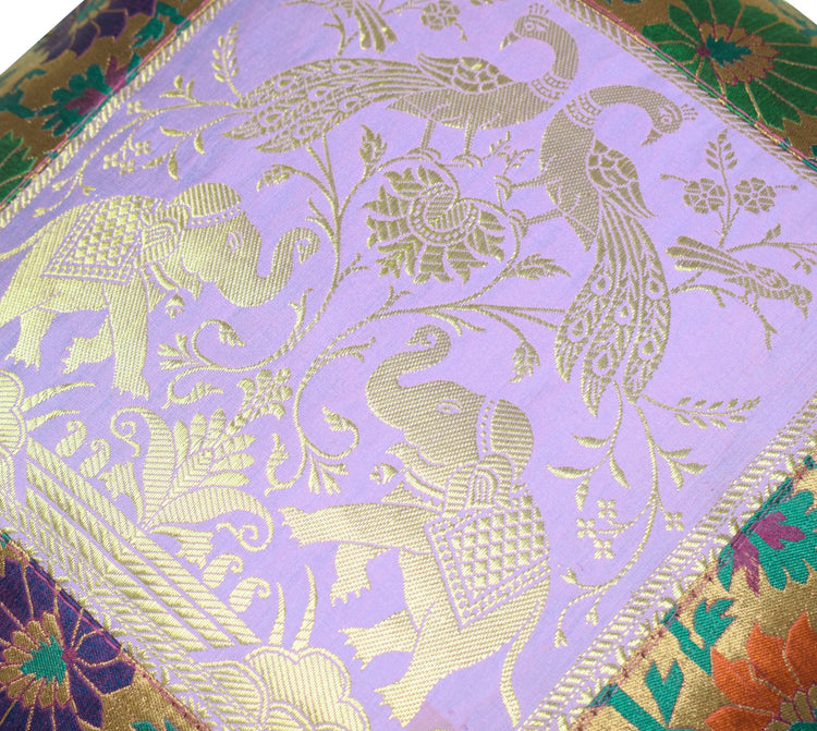 16x16" Cushion Covers Zari Brocade Banarasi Silk Elephant & Pocock Lavender