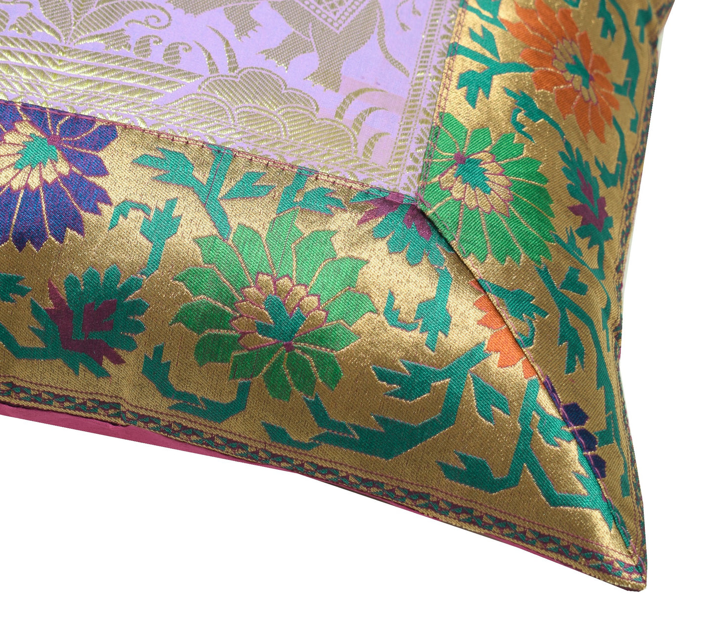 16x16" Cushion Covers Zari Brocade Banarasi Silk Elephant & Pocock Lavender