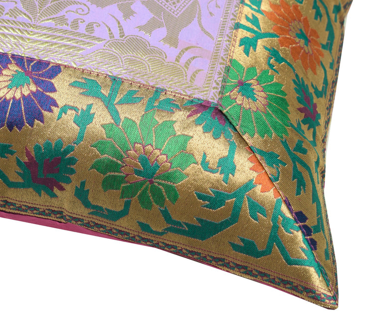 16x16" Cushion Covers Zari Brocade Banarasi Silk Elephant & Pocock Lavender