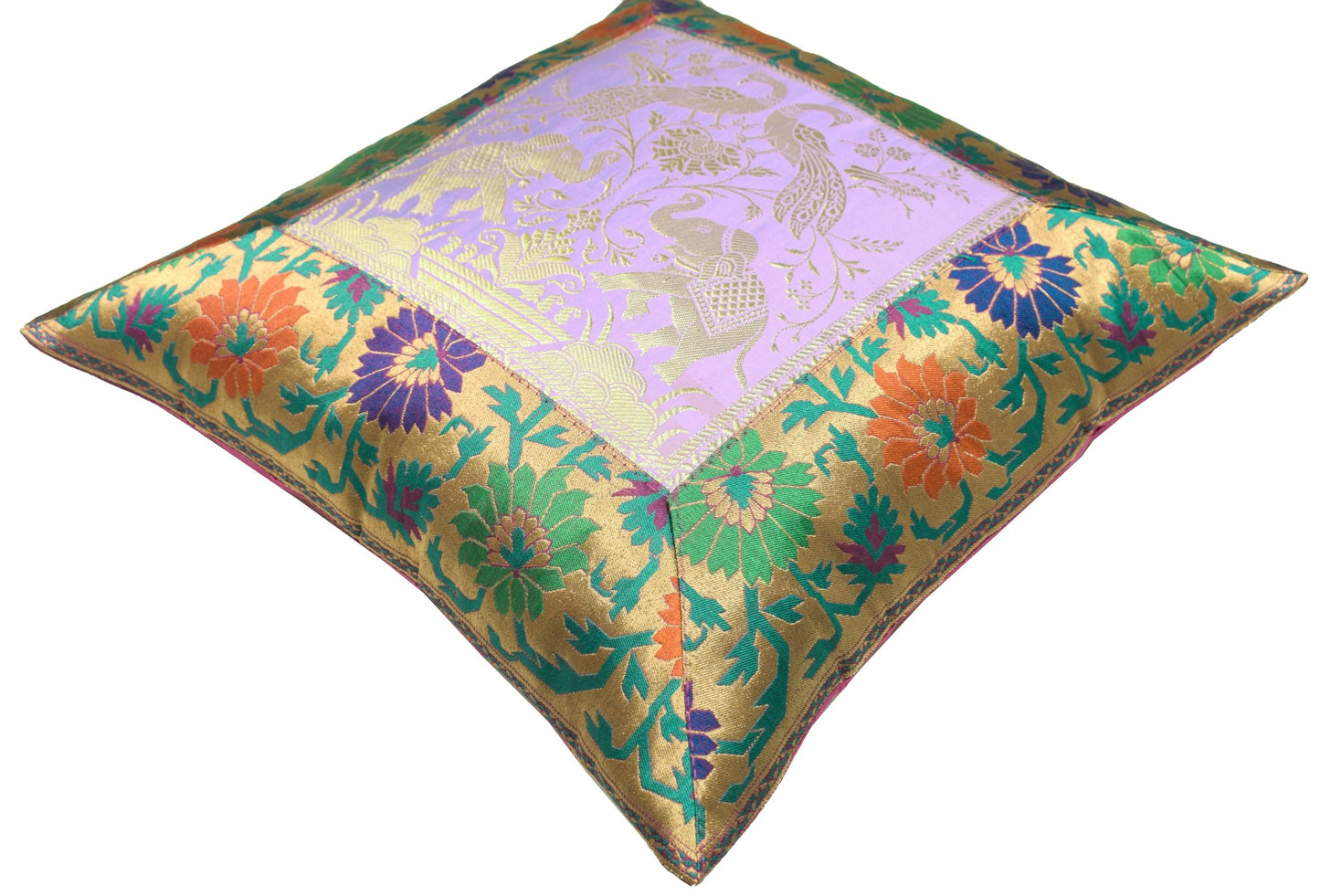 16x16" Cushion Covers Zari Brocade Banarasi Silk Elephant & Pocock Lavender