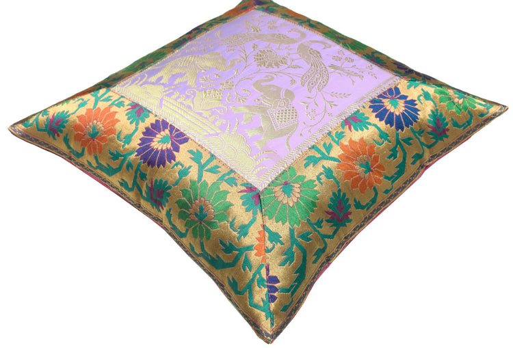 16x16" Cushion Covers Zari Brocade Banarasi Silk Elephant & Pocock Lavender