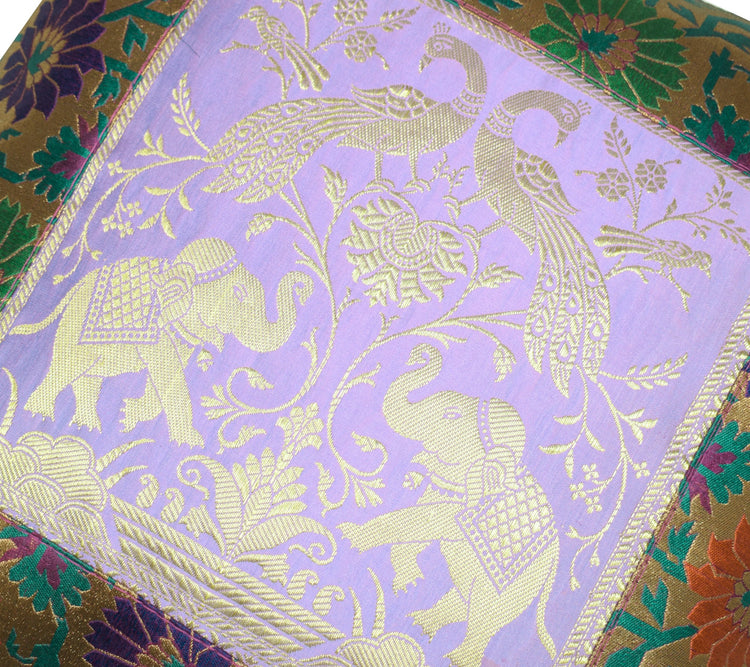 16x16" Cushion Covers Zari Brocade Banarasi Silk Elephant & Pocock Lavender