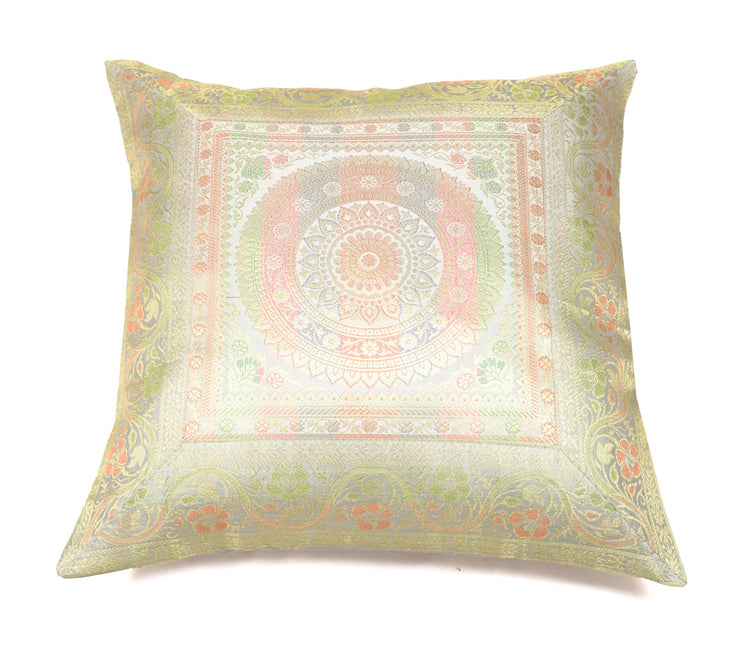 Elegant Gray Banarasi Silk Cushion Cover – 16x16 Inch with Zari Woven Mandala