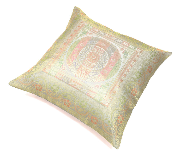Elegant Gray Banarasi Silk Cushion Cover – 16x16 Inch with Zari Woven Mandala