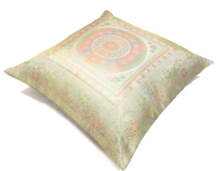 Elegant Gray Banarasi Silk Cushion Cover – 16x16 Inch with Zari Woven Mandala