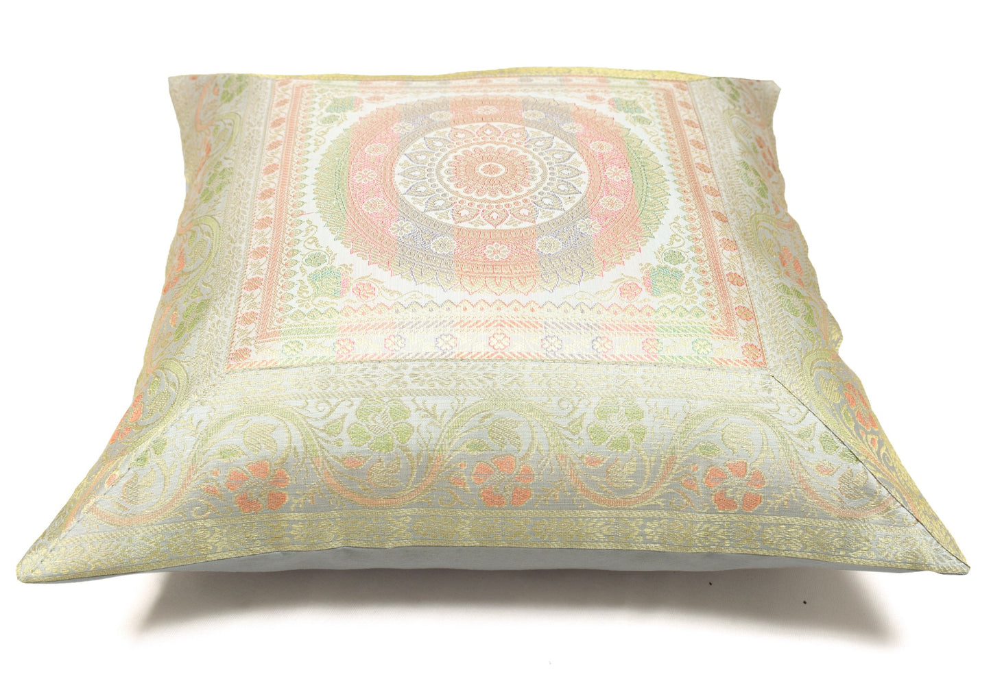 Elegant Gray Banarasi Silk Cushion Cover – 16x16 Inch with Zari Woven Mandala