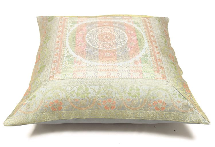 Elegant Gray Banarasi Silk Cushion Cover – 16x16 Inch with Zari Woven Mandala