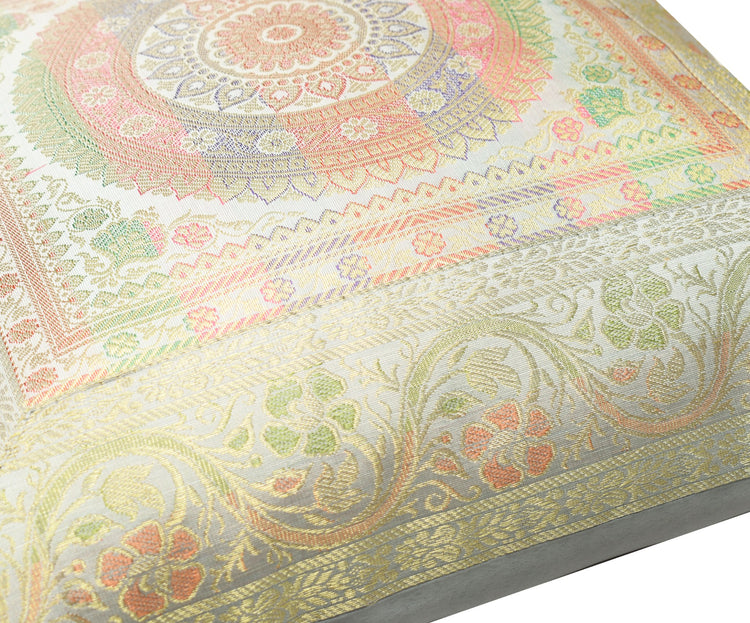 Elegant Gray Banarasi Silk Cushion Cover – 16x16 Inch with Zari Woven Mandala