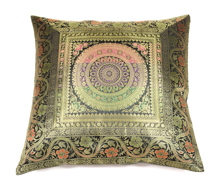 16x16 Inch Black Indian Banarasi Silk Cushion Cover with Zari Brocade Mandala