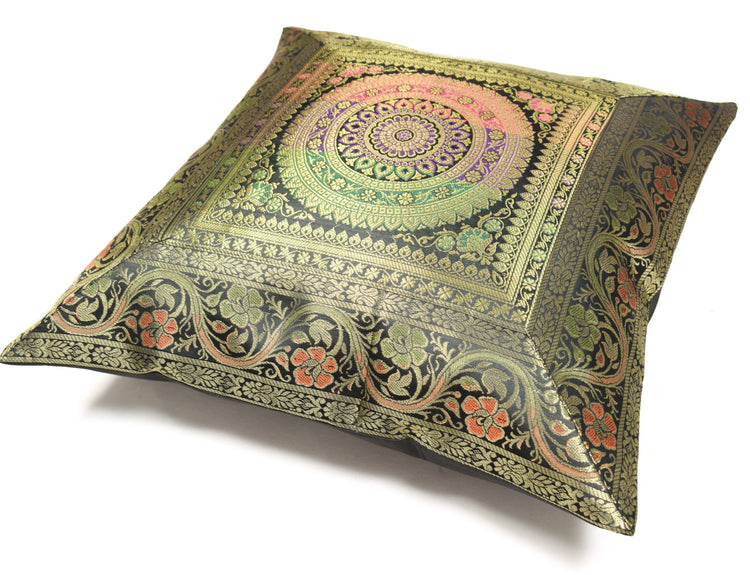 16x16 Inch Black Indian Banarasi Silk Cushion Cover with Zari Brocade Mandala
