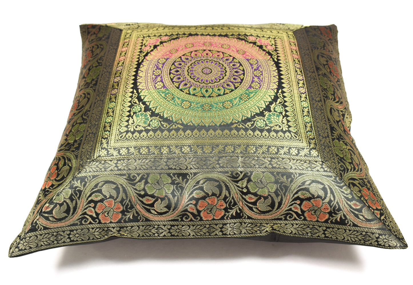 16x16 Inch Black Indian Banarasi Silk Cushion Cover with Zari Brocade Mandala