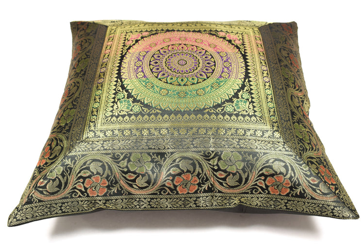 16x16 Inch Black Indian Banarasi Silk Cushion Cover with Zari Brocade Mandala
