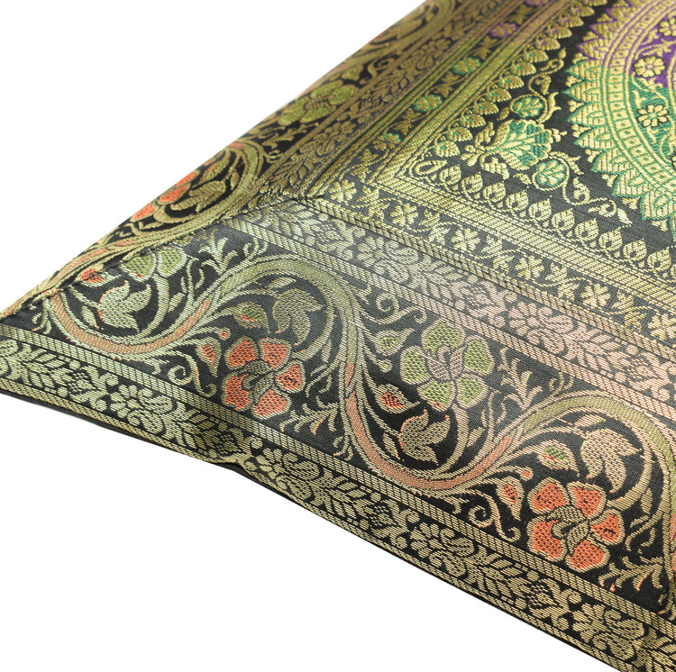 16x16 Inch Black Indian Banarasi Silk Cushion Cover with Zari Brocade Mandala