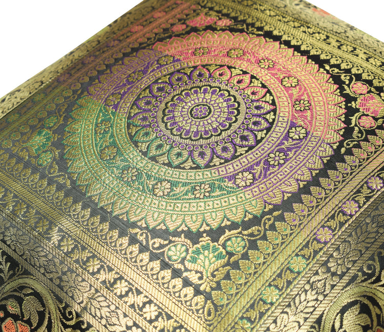 16x16 Inch Black Indian Banarasi Silk Cushion Cover with Zari Brocade Mandala
