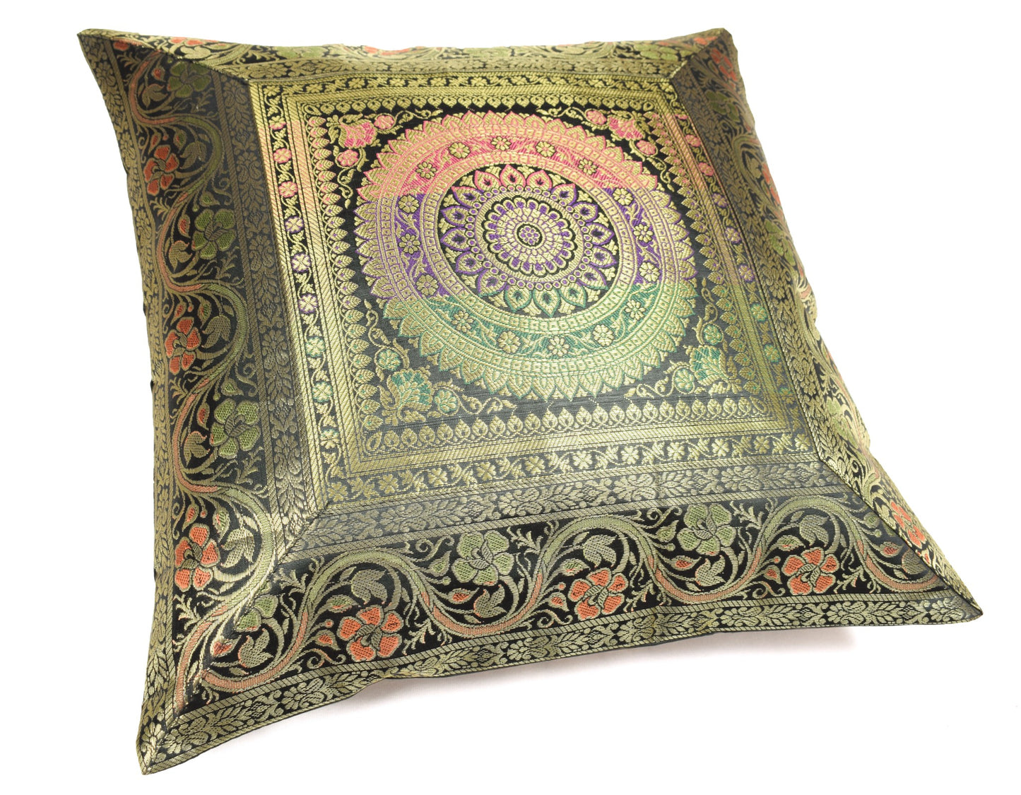 16x16 Inch Black Indian Banarasi Silk Cushion Cover with Zari Brocade Mandala