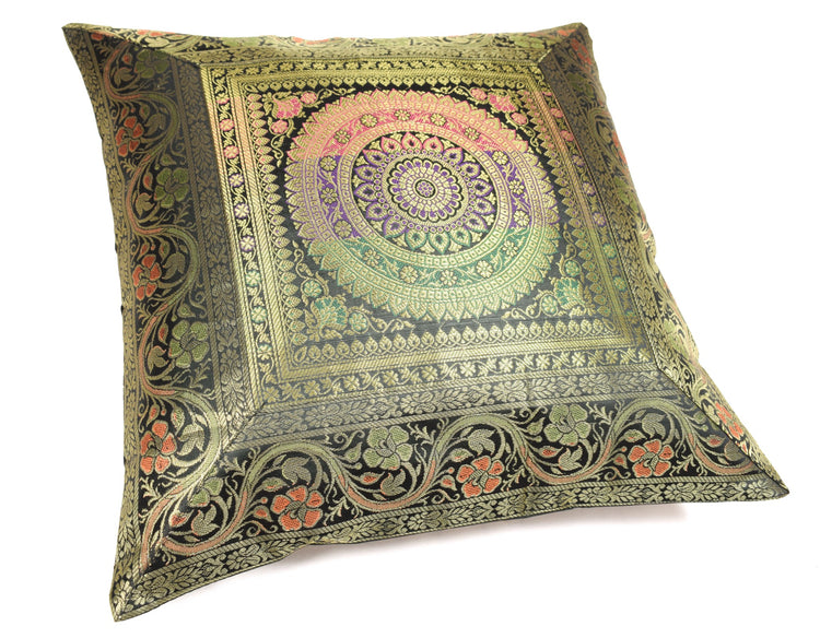 16x16 Inch Black Indian Banarasi Silk Cushion Cover with Zari Brocade Mandala