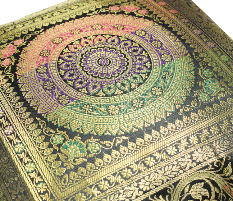 16x16 Inch Black Indian Banarasi Silk Cushion Cover with Zari Brocade Mandala