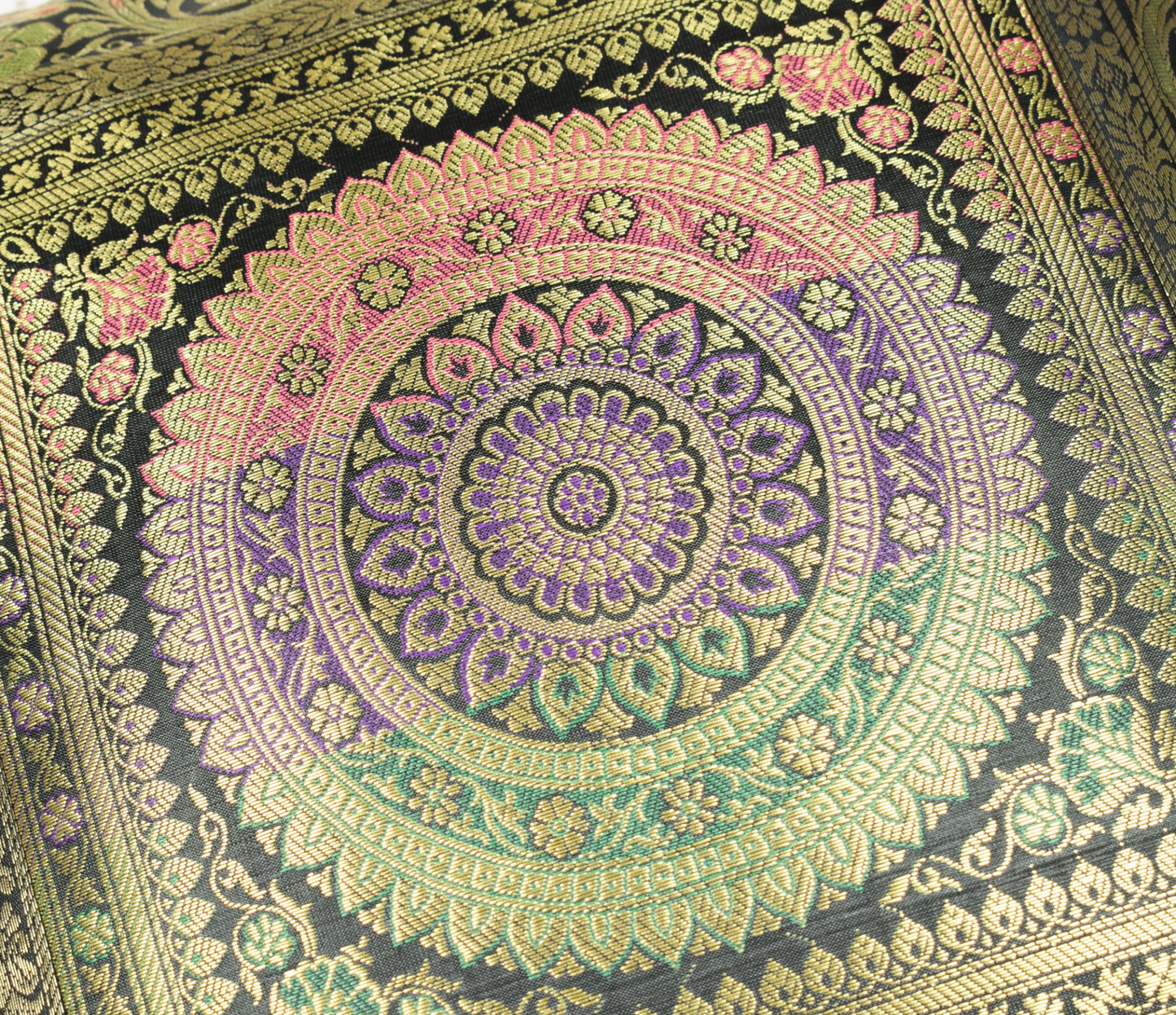 16x16 Inch Black Indian Banarasi Silk Cushion Cover with Zari Brocade Mandala