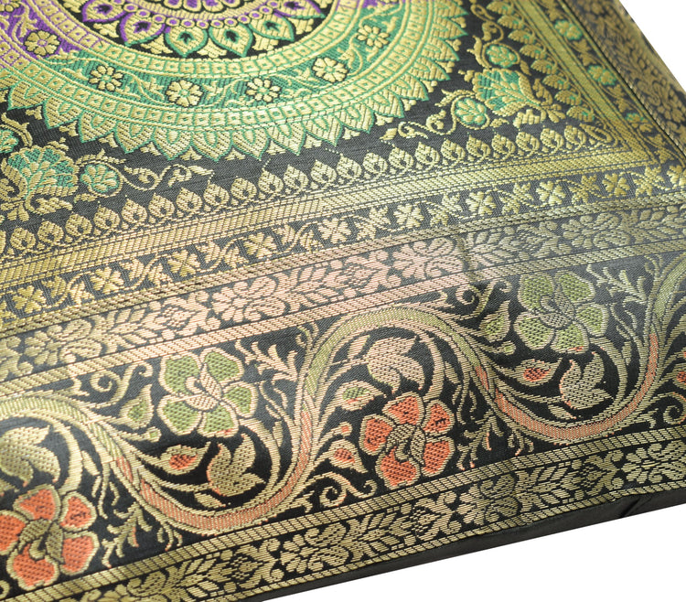 16x16 Inch Black Indian Banarasi Silk Cushion Cover with Zari Brocade Mandala