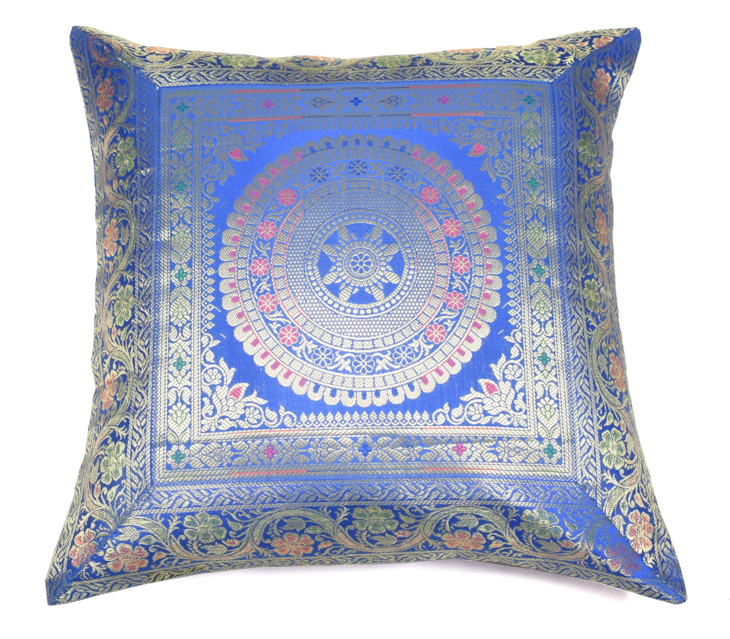 Woven Blue Banarasi Silk Cushion Cover Zari Mandala with Floral Lace– 16x16 Inch
