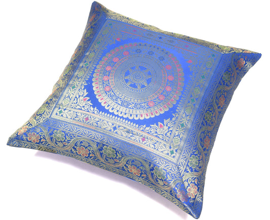 Woven Blue Banarasi Silk Cushion Cover Zari Mandala with Floral Lace– 16x16 Inch