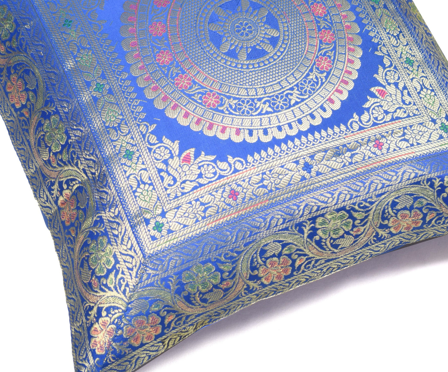 Woven Blue Banarasi Silk Cushion Cover Zari Mandala with Floral Lace– 16x16 Inch