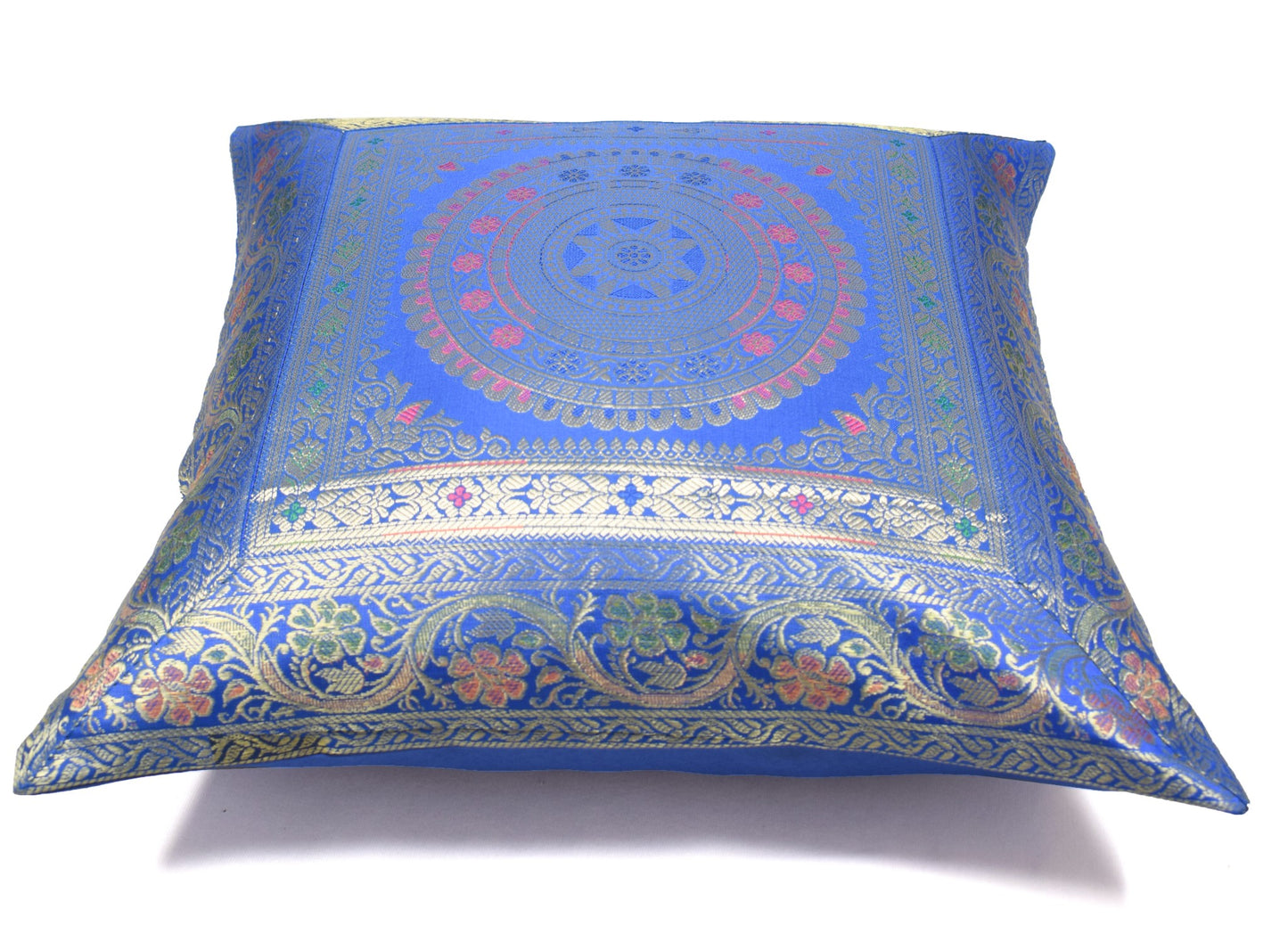 Woven Blue Banarasi Silk Cushion Cover Zari Mandala with Floral Lace– 16x16 Inch