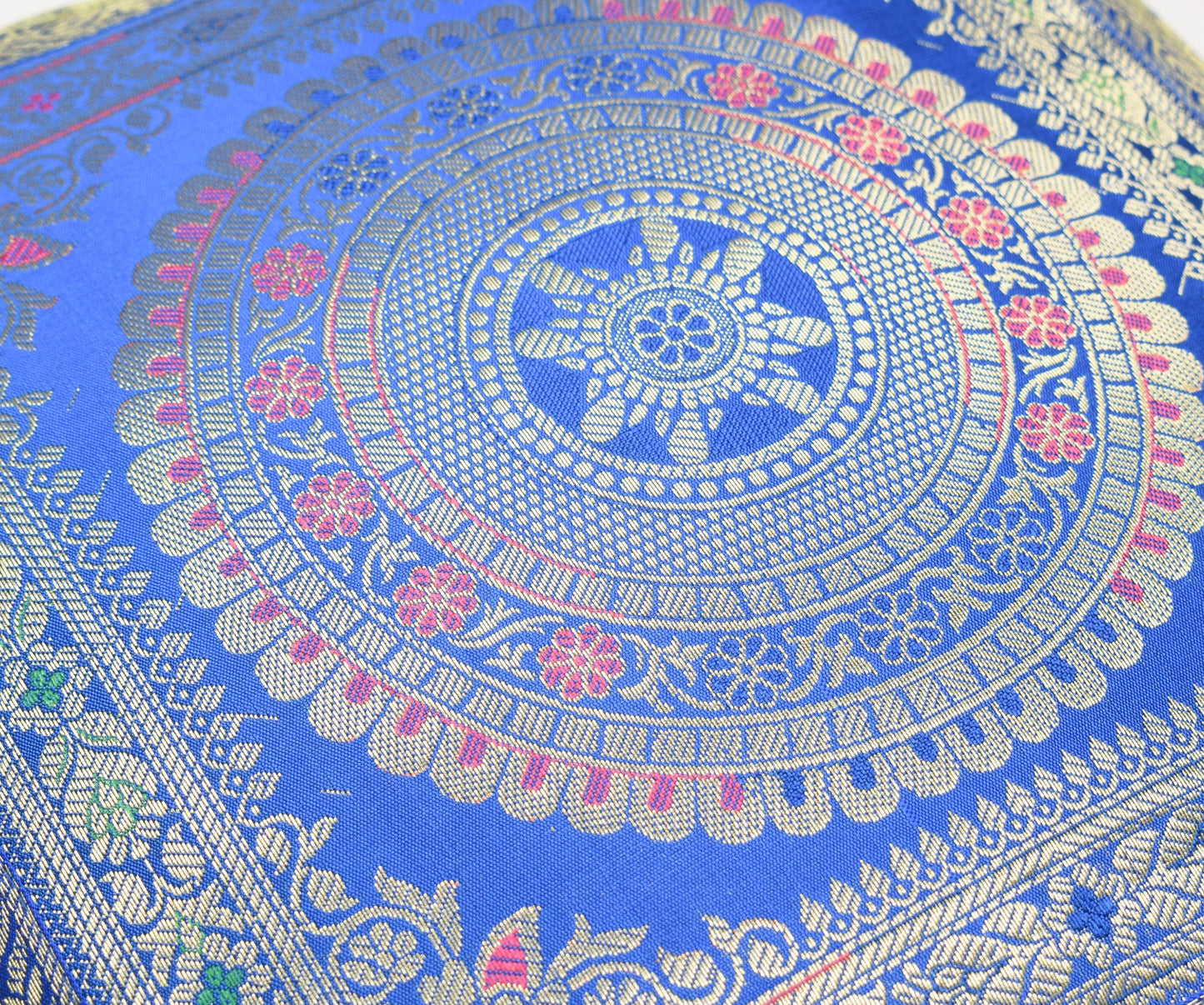 Woven Blue Banarasi Silk Cushion Cover Zari Mandala with Floral Lace– 16x16 Inch