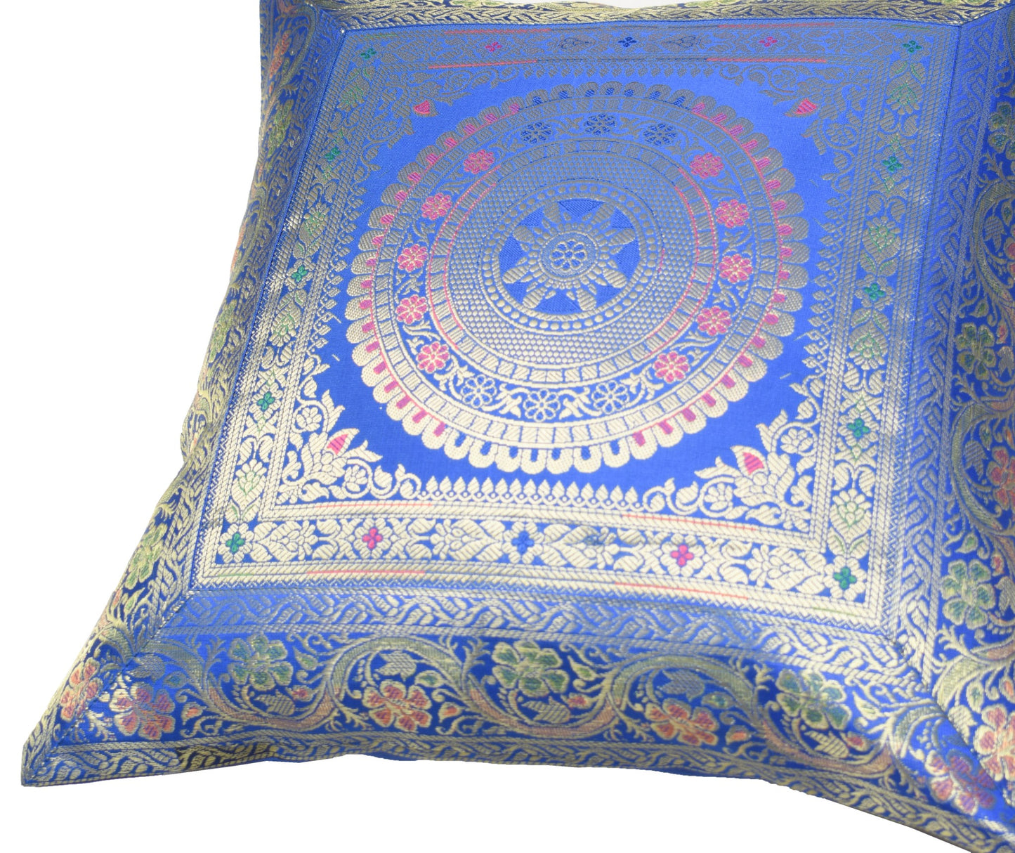 Woven Blue Banarasi Silk Cushion Cover Zari Mandala with Floral Lace– 16x16 Inch