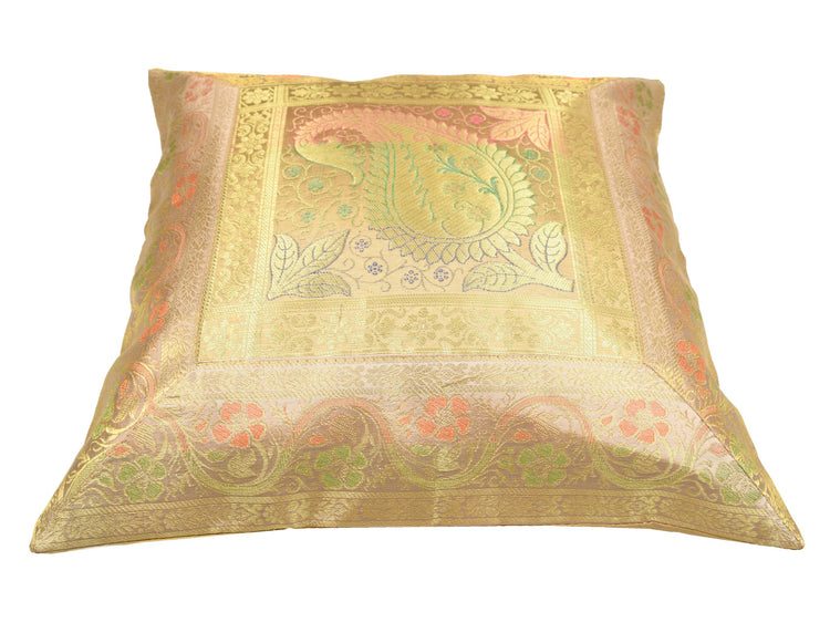 16x16" Beige-Gold Banarasi Silk Cushion Cover Featuring Zari Brocade Paisley