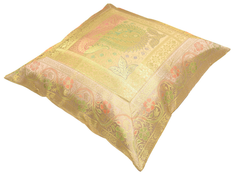 16x16" Beige-Gold Banarasi Silk Cushion Cover Featuring Zari Brocade Paisley