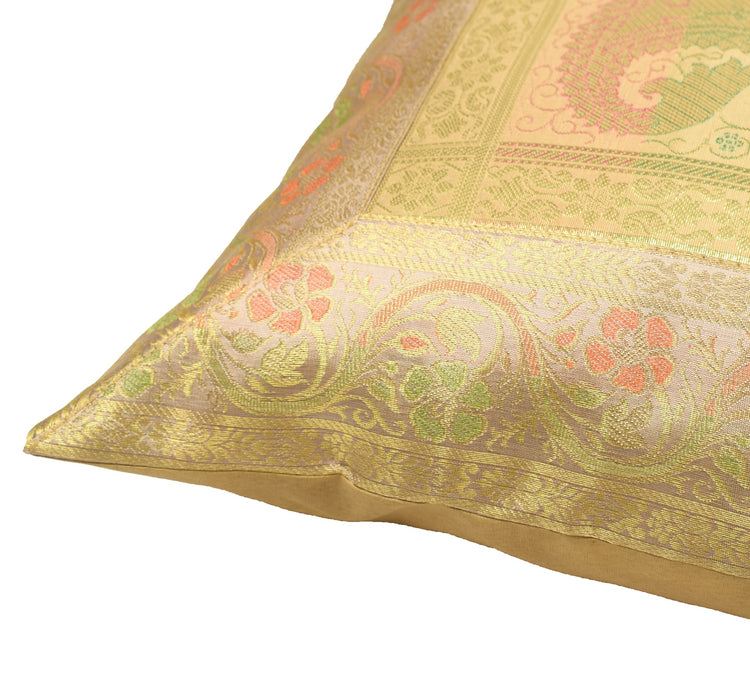 16x16" Beige-Gold Banarasi Silk Cushion Cover Featuring Zari Brocade Paisley